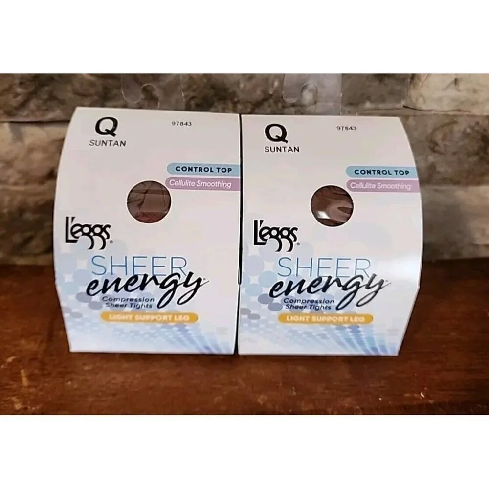 L'eggs Sheer Energy Pantyhose Compression Light Support Suntan Q Size 2 Pack